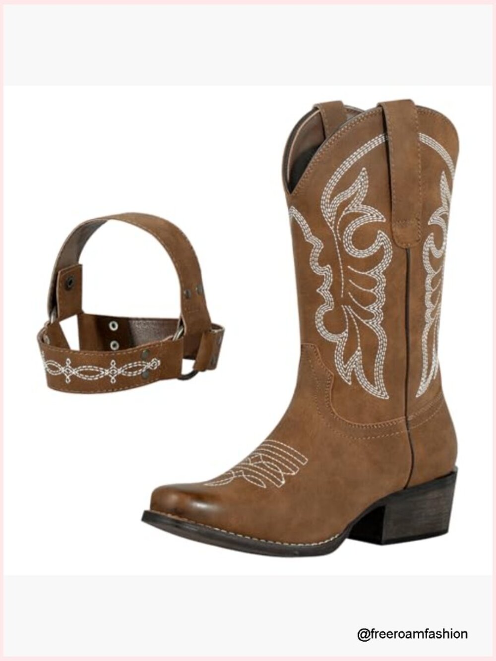Square Toe Cowgirl Boots Mid Calf Western Riding Boots with Buckle Strap - Picture 5 of 7